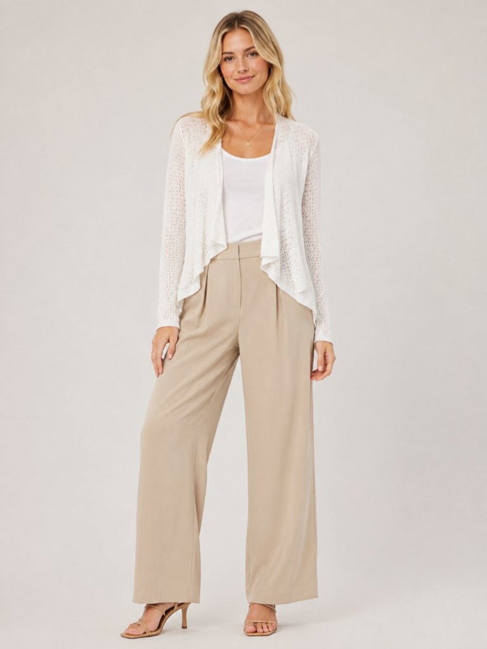 TAHARI Pointelle Knit Waterfall Open Cropped Cardigan White XS #A4329